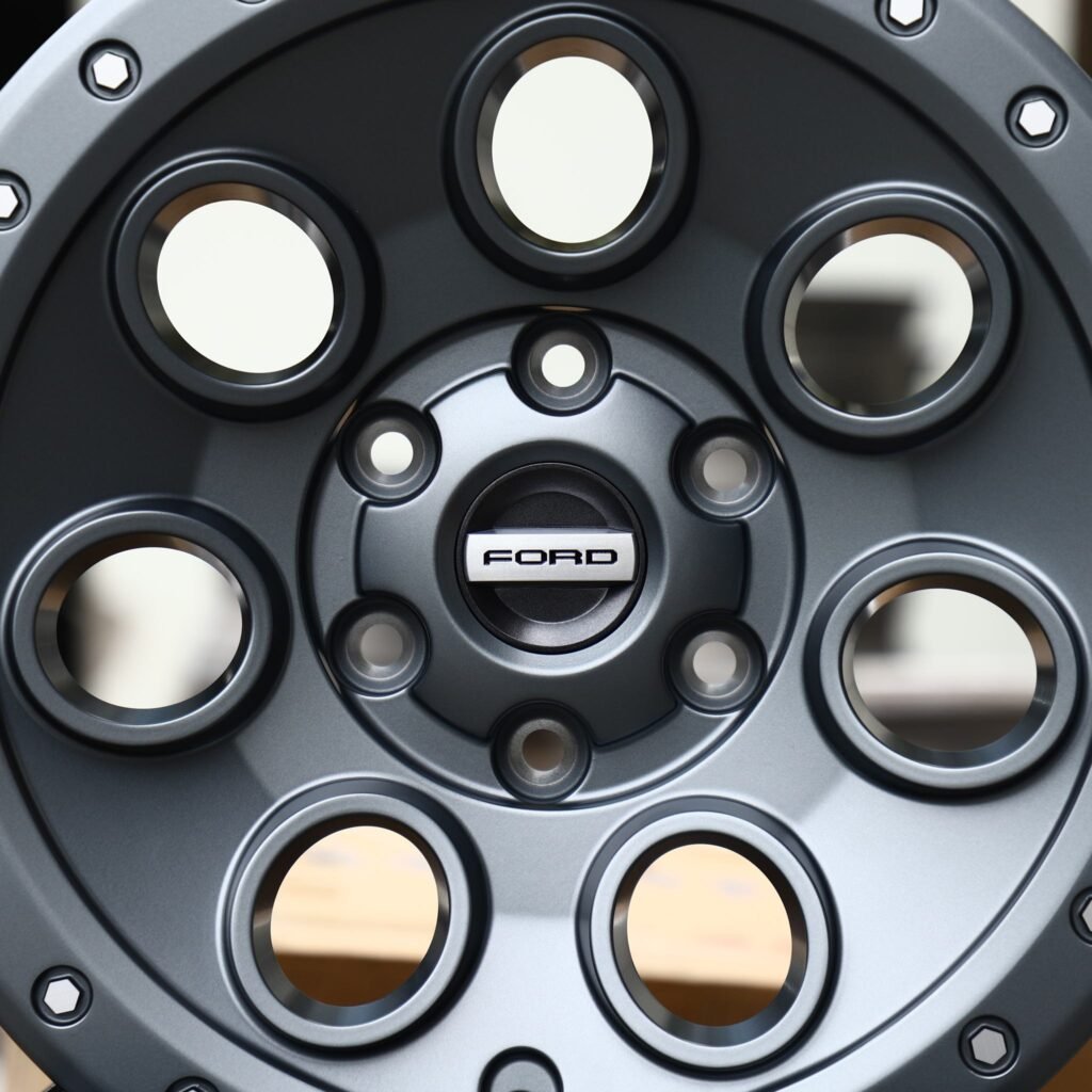 Ford Ranger wheels – Matte Gunmetal Round-Hole Beadlock (Ford OEM-Style), lip and barrel detail