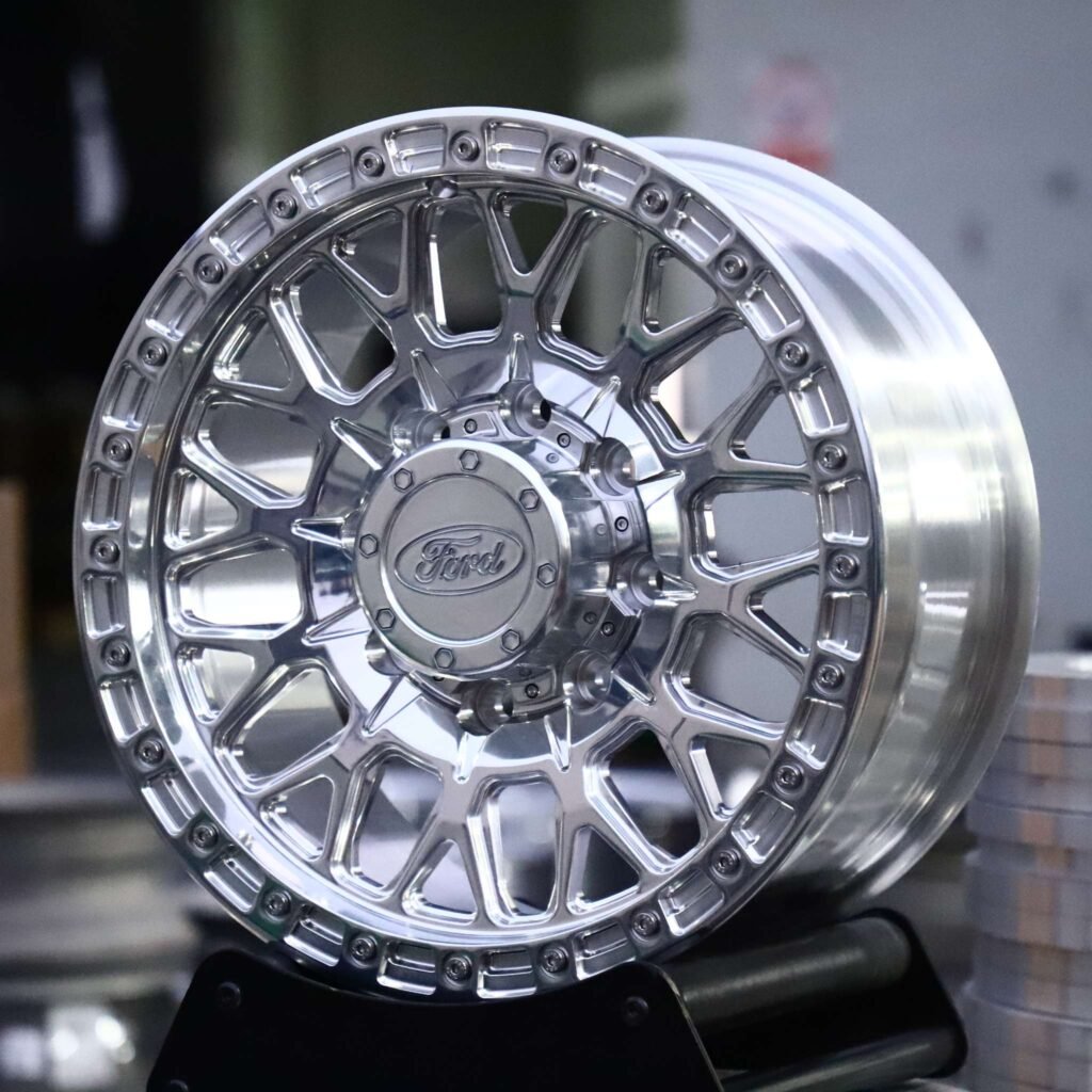 Ford F-350 Super Duty wheels – Mirror Polished Mesh Bolt-Ring (Ford OEM-Style), angled view