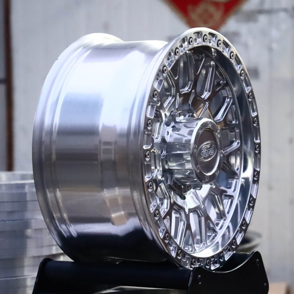 8x170 wheels – Mirror Polished Mesh Bolt-Ring (Ford OEM-Style), side view