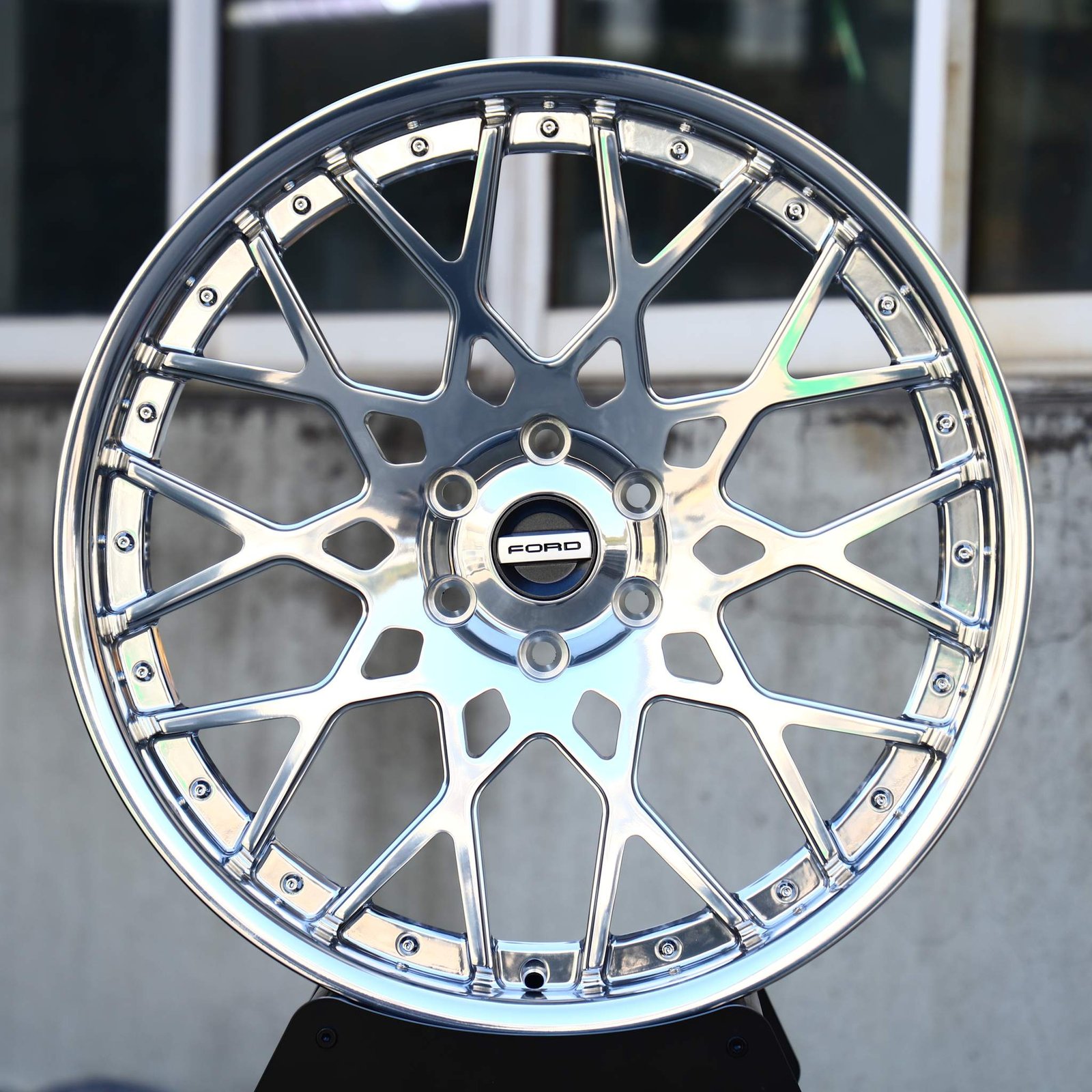 Ford F-150 wheels – Mirror Polished Riveted Mesh Deep Lip (Ford OEM-Style), front view