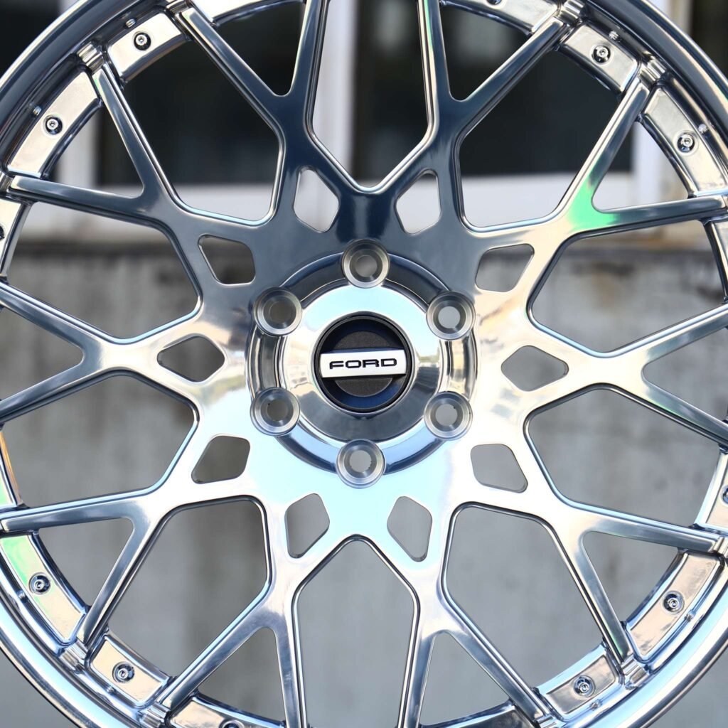 Ford Bronco wheels – Mirror Polished Riveted Mesh Deep Lip (Ford OEM-Style), angled view
