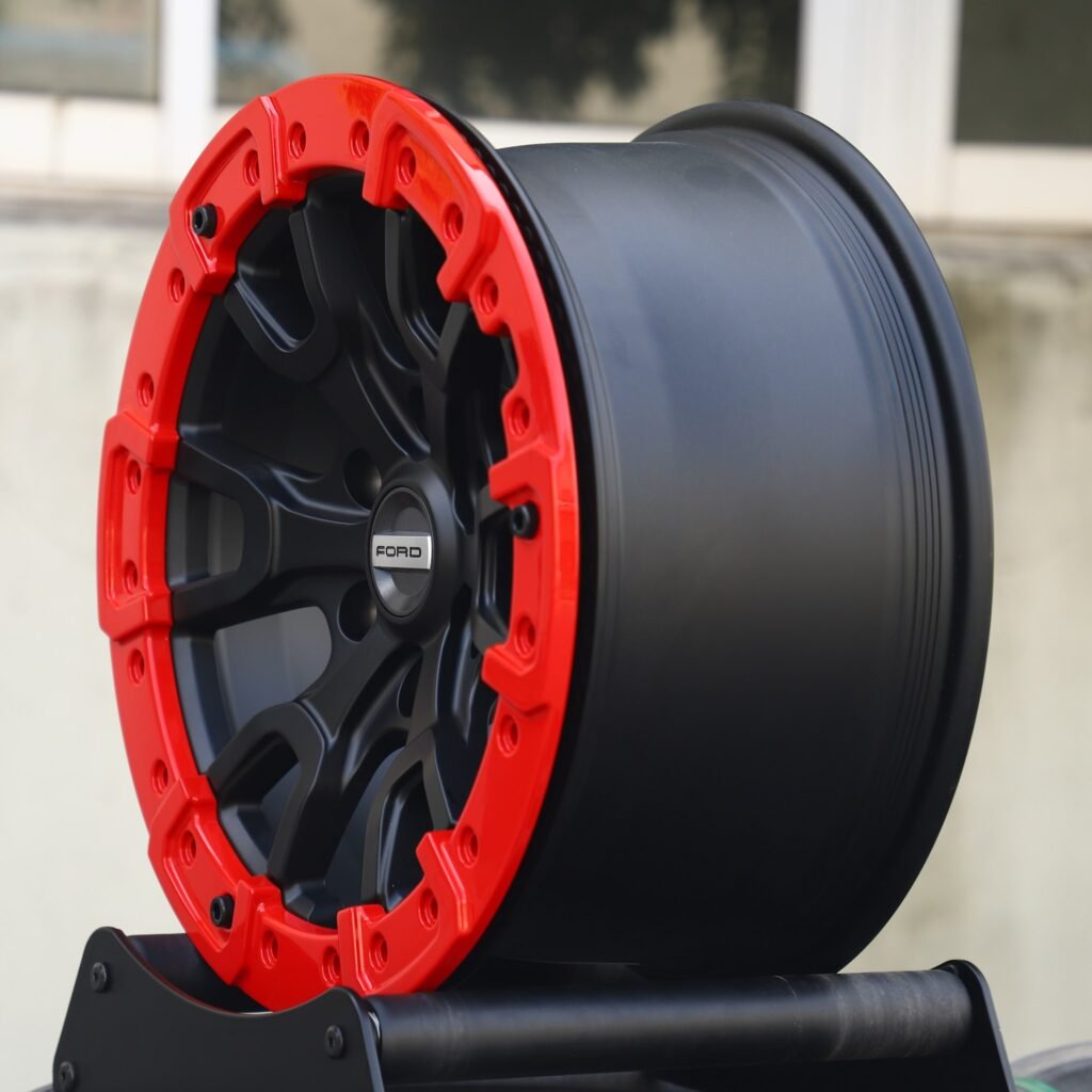 6x135 wheels – Gloss Black / Red Beadlock (Ford OEM-Style), side view