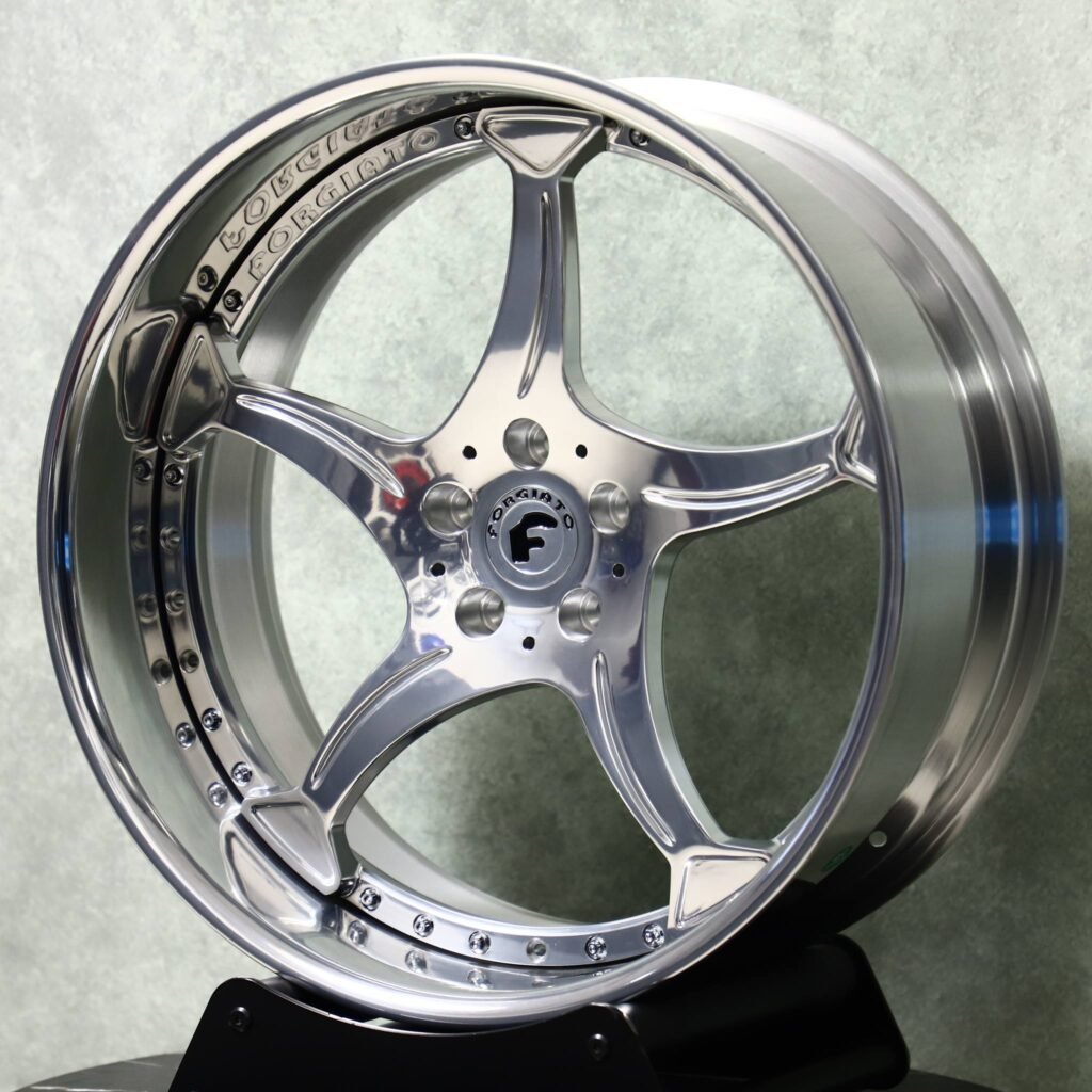 Bentley Continental GT wheels – Mirror Polished Twin-Blade 5-Spoke 2-Piece (Forgiato-Style), angled view