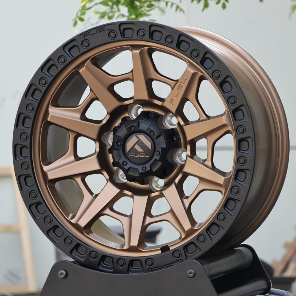 Toyota Tacoma wheels – Fuel Gloss Black Exposed Bolt Detail Double Ring Lip, angled view