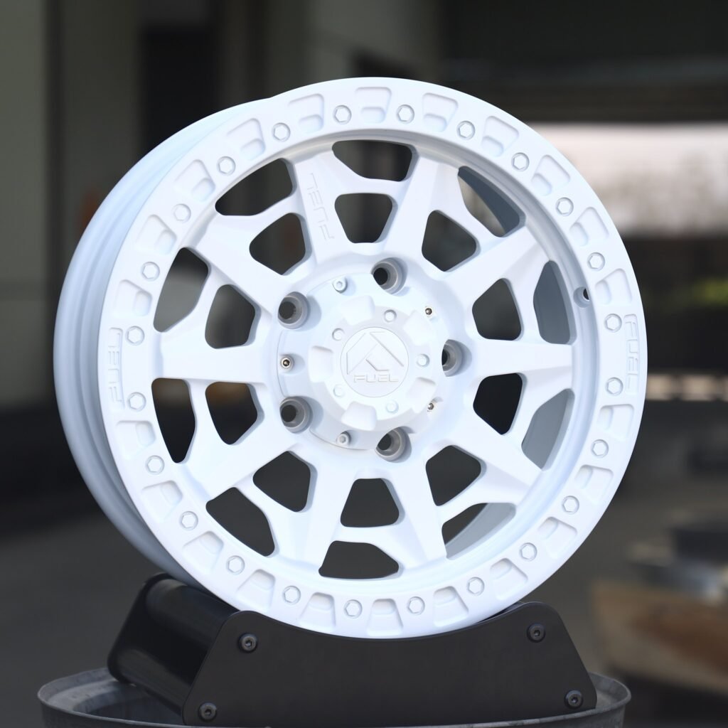 Toyota Tacoma wheels – Fuel Gloss White Exposed Bolt Detail Double Ring Lip, angled view