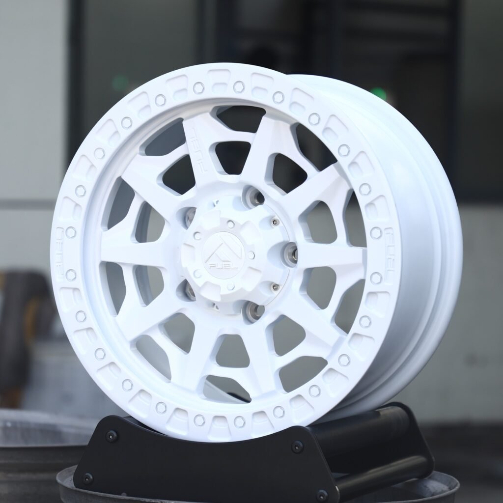 6x139.7 wheels – Fuel Gloss White Exposed Bolt Detail Double Ring Lip, side view
