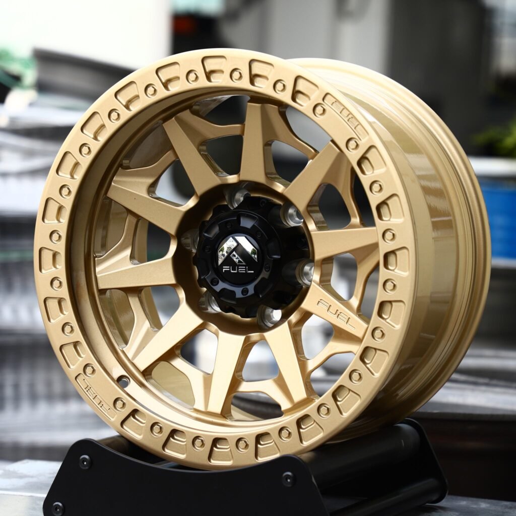Toyota Tacoma wheels – Fuel Gold Exposed Bolt Detail Double Ring Lip, angled view