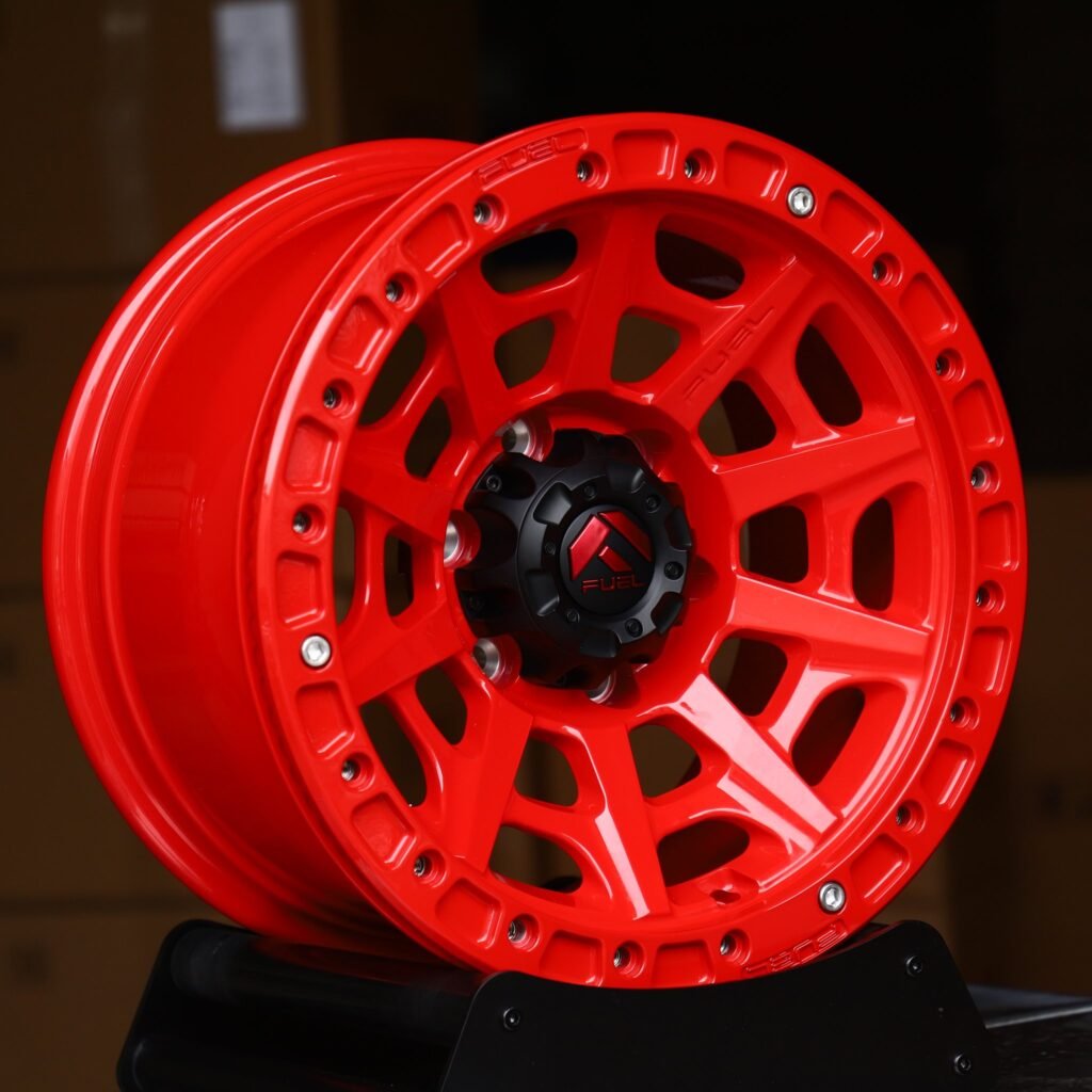Chevrolet Silverado wheels – Gloss Red Split-Spoke Bolt-Ring (Fuel-Style), angled view