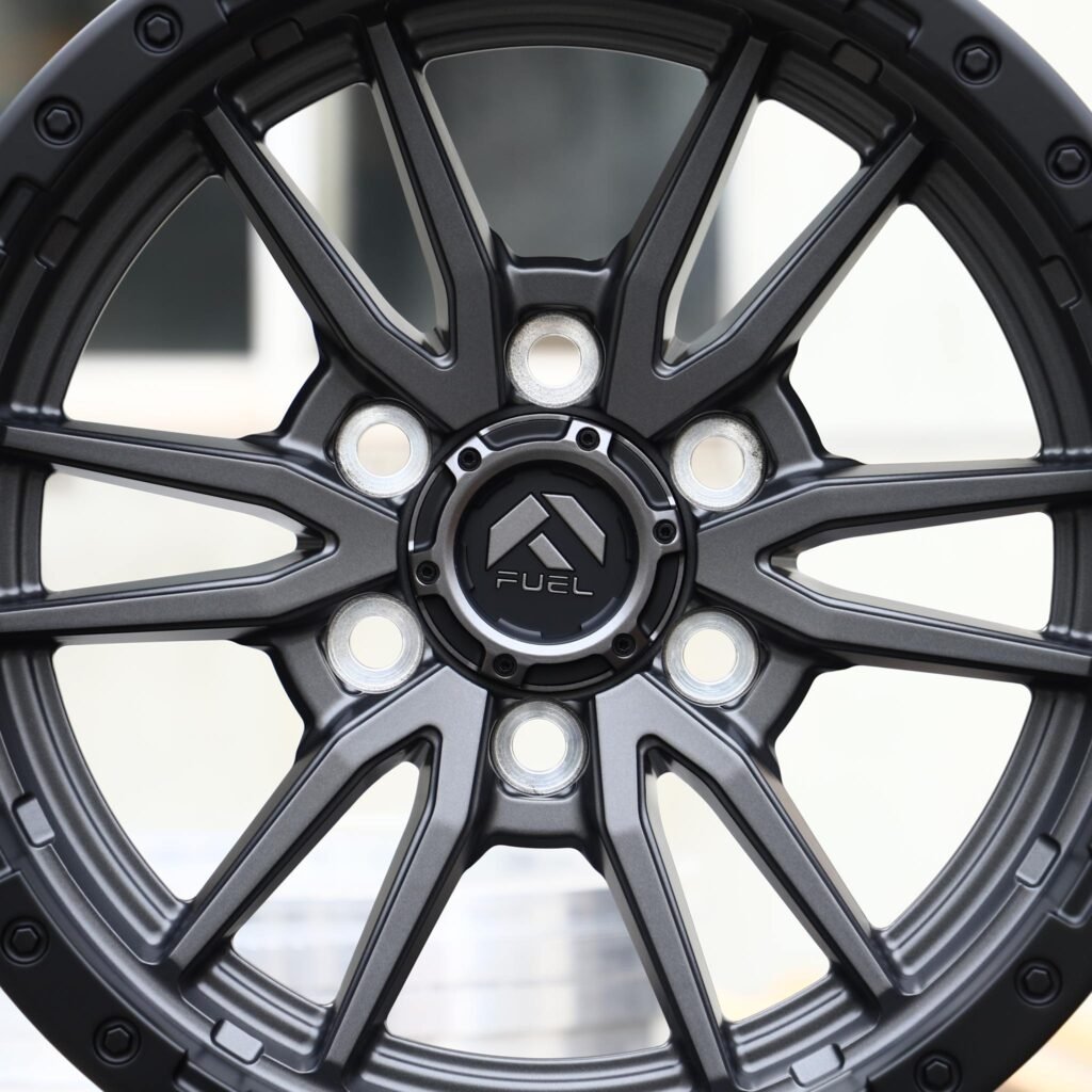 Toyota 4Runner wheels – Matte Black Multi-Spoke Bolt-Ring (Fuel-Style), lip and barrel detail