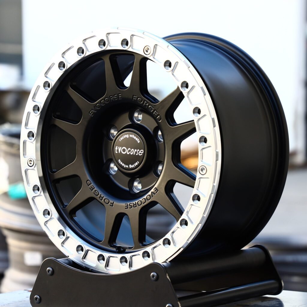 Toyota Tacoma wheels – FVO Corse Silver / Gloss Black Beadlock, angled view