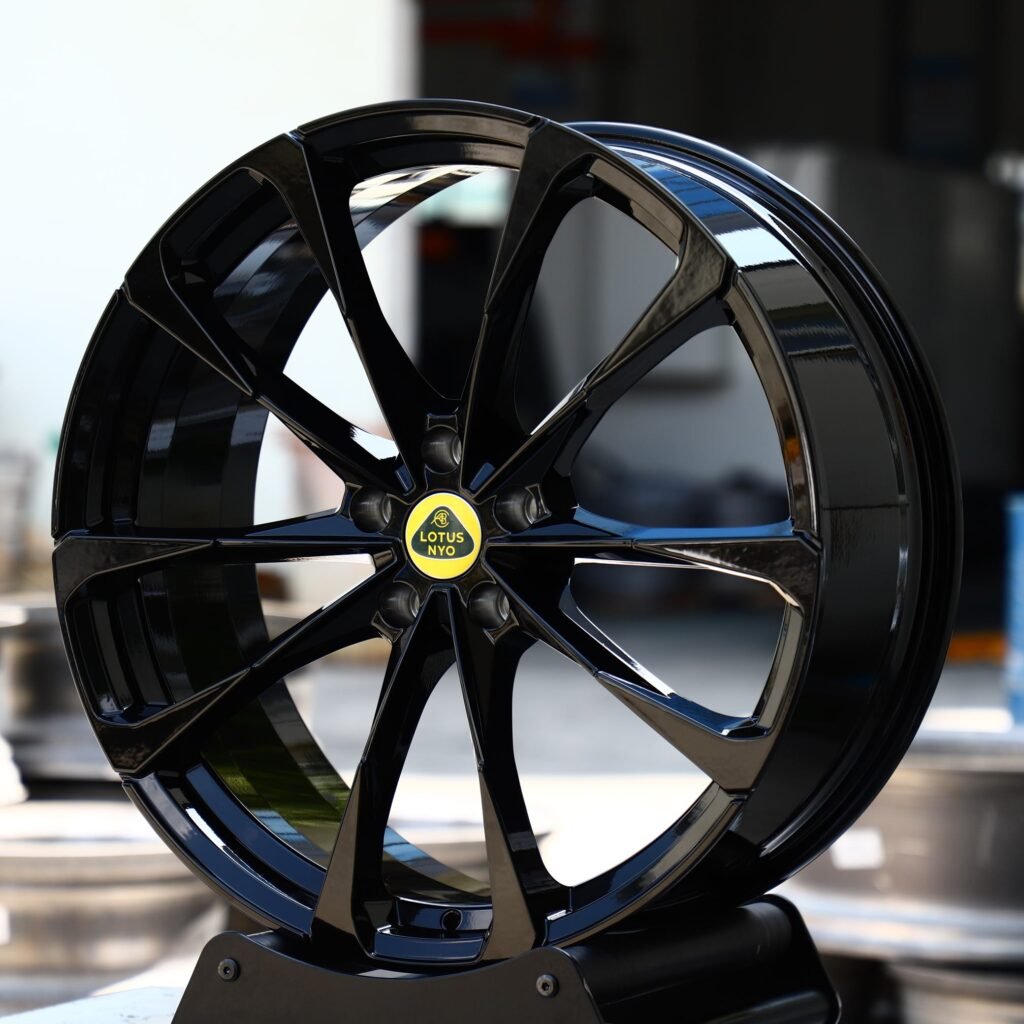 Lotus Emeya wheels – Gloss Black 10-Spoke (Lotus OEM-Style), angled view
