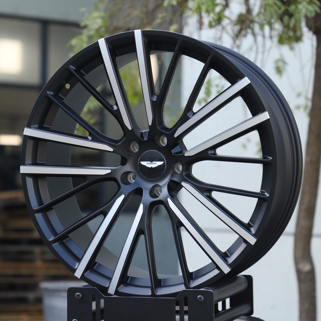 Aston Martin V8 Zagato wheels – Gloss Black 10 Y-Spoke Machined Face (Aston Martin OEM-Style), angled view