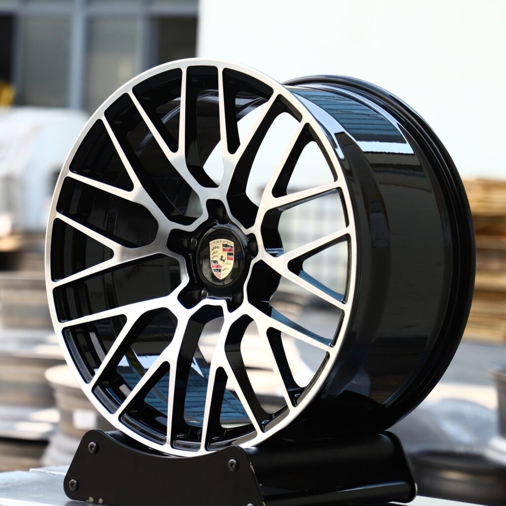 Porsche 911 991 wheels – Gloss Black 10 Y-Spoke Machined Face (Porsche OEM-Style), angled view