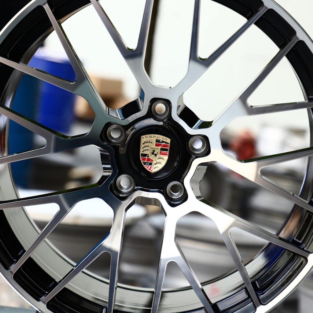 Porsche 718 Cayman wheels – Gloss Black 10 Y-Spoke Machined Face (Porsche OEM-Style), lip and barrel detail