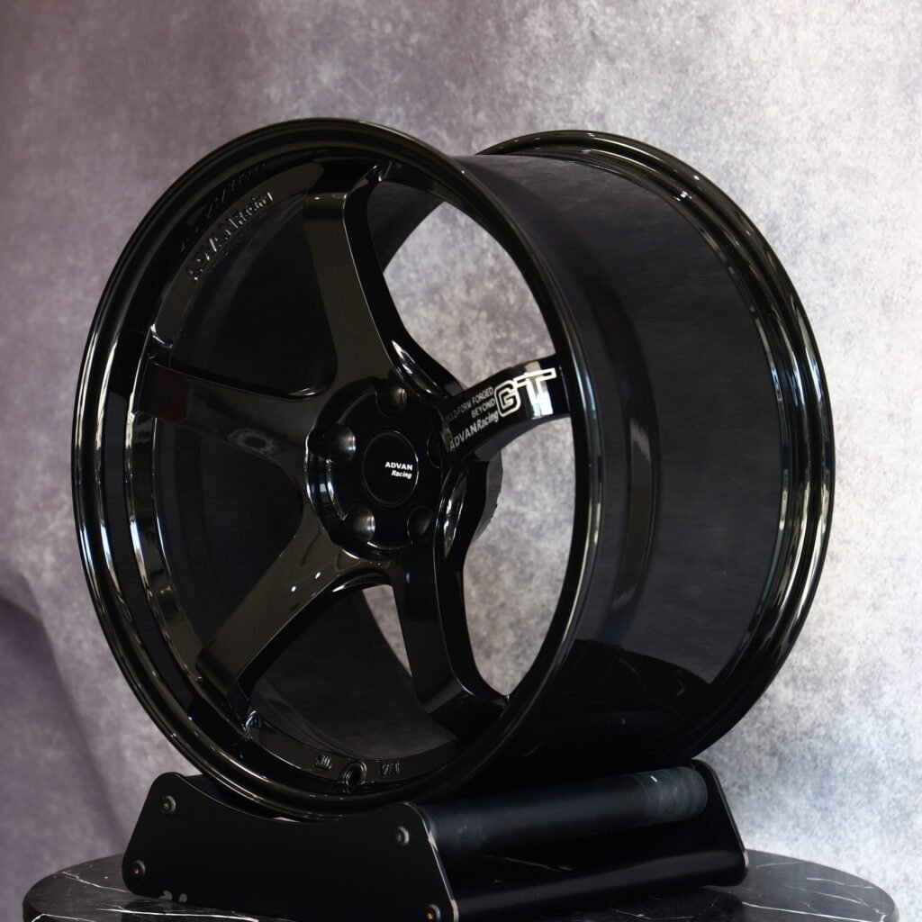 5x114.3 wheels – Gloss Black 5-Spoke Deep Lip, side view