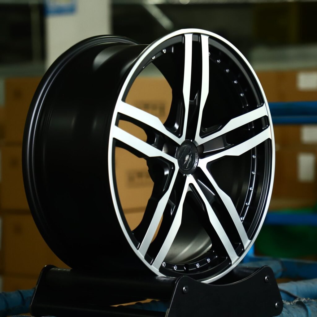 5x112 wheels – Gloss Black 5-Spoke Riveted Machined Face, side view