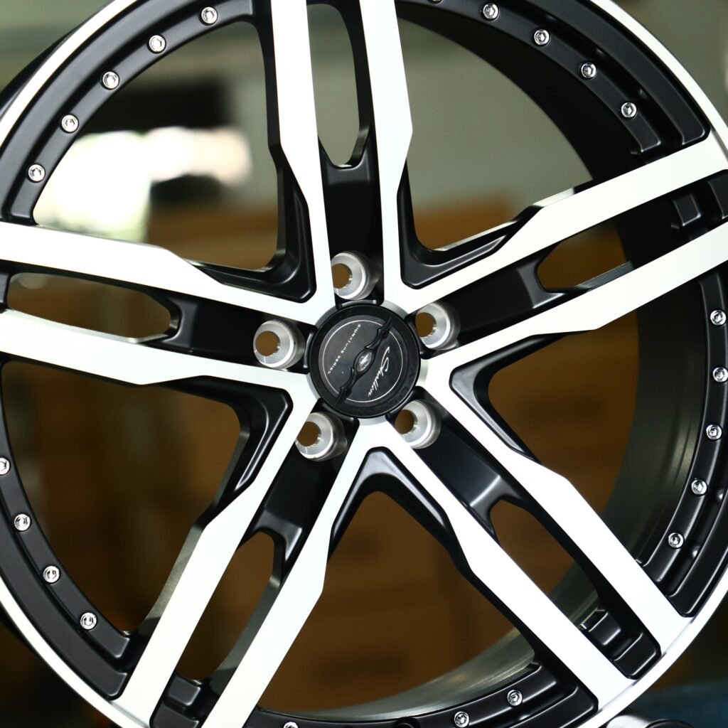 Audi A4 B9 wheels – Gloss Black 5-Spoke Riveted Machined Face, lip and barrel detail
