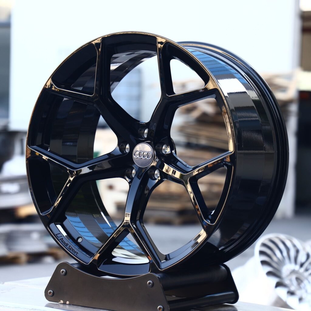 Ford Mustang wheels – Gloss Black 5 Y-Spoke, angled view