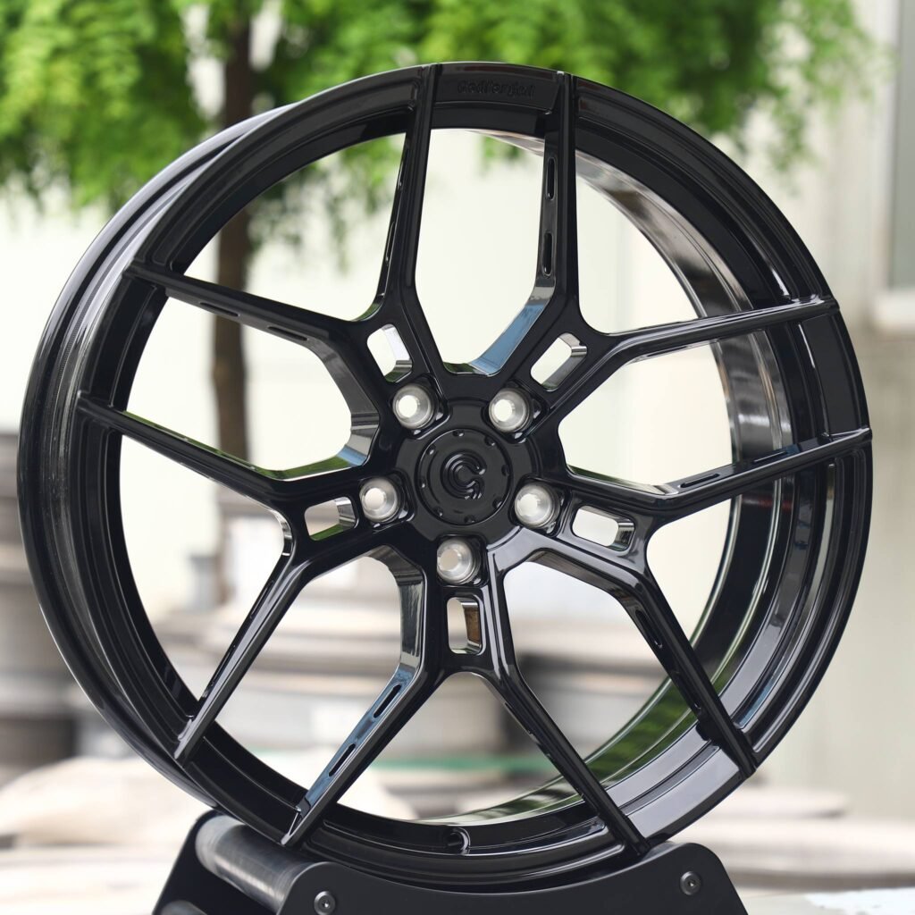 Tesla Model Y wheels – Gloss Black 5 Y-Spoke, angled view