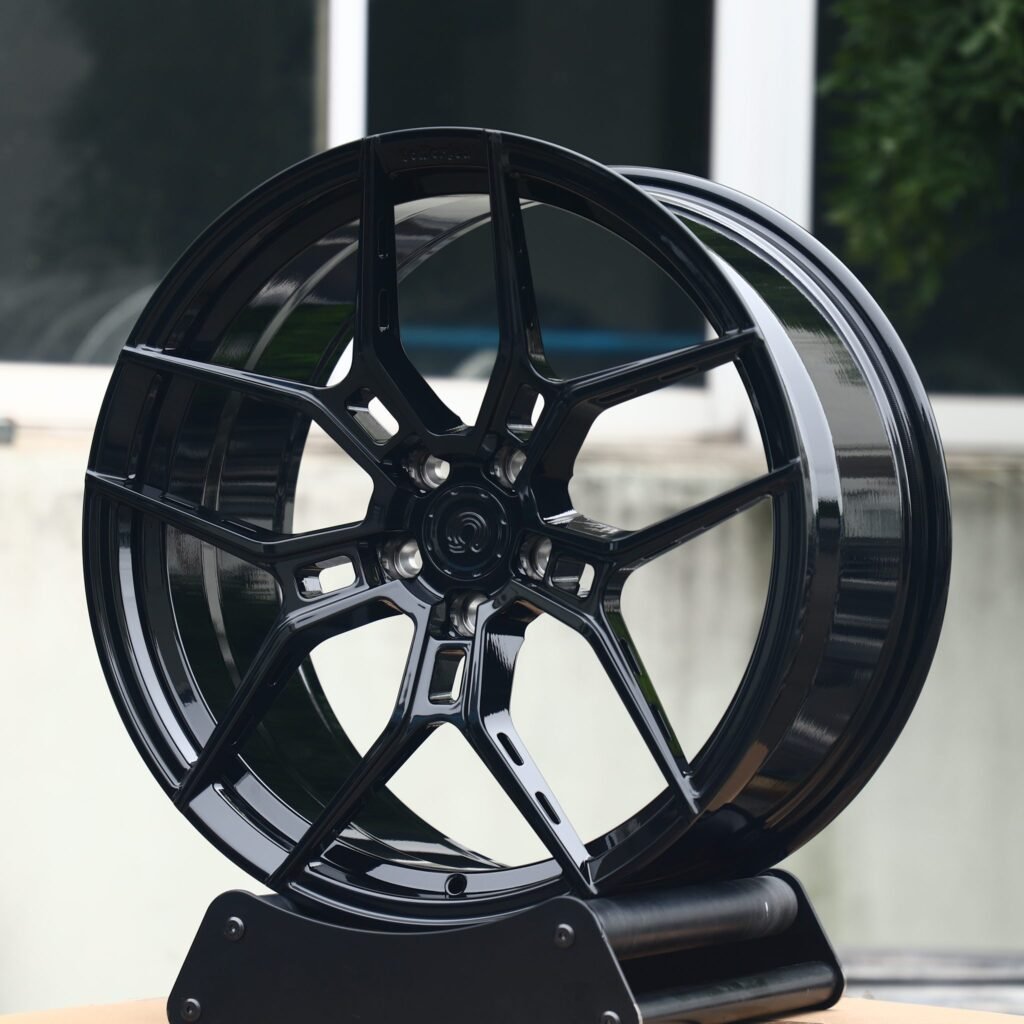 Tesla Model Y wheels – Gloss Black 5 Y-Spoke, angled view