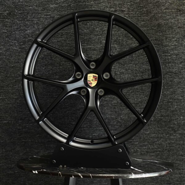 Porsche 911 992 wheels – Matte Black 5 Split-Spoke (Porsche OEM-Style), front view