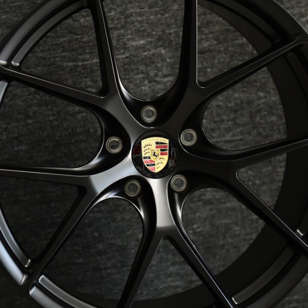 Porsche 718 Cayman wheels – Gloss Black 5 Y-Spoke (Porsche OEM-Style), lip and barrel detail