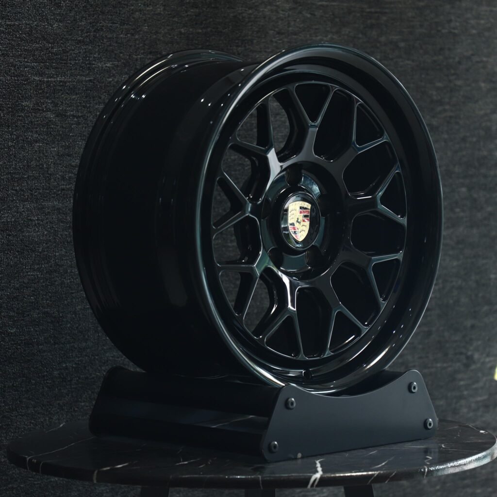 Porsche Panamera wheels – Gloss Black 9 Y-Spoke Deep Lip, angled view
