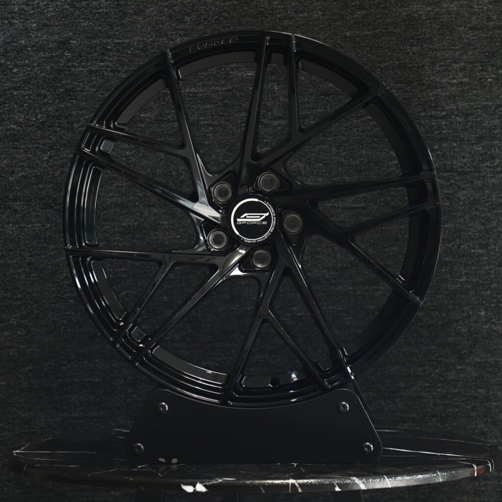 Tesla Model 3 wheels – Gloss Black Directional Milled, front view