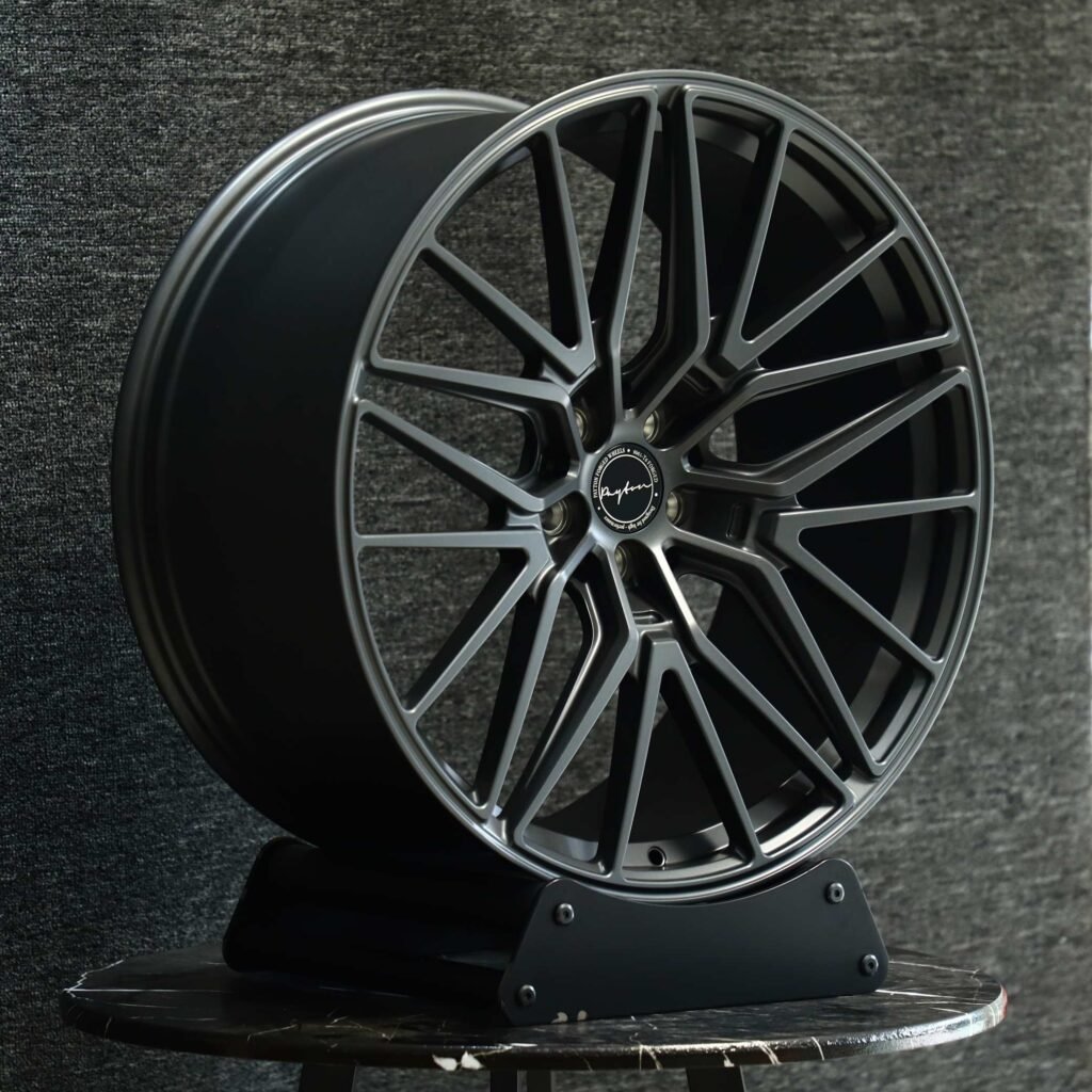 Audi A5 wheels – Gloss Black / Gunmetal Petal (Vossen HF-2-Style), angled view