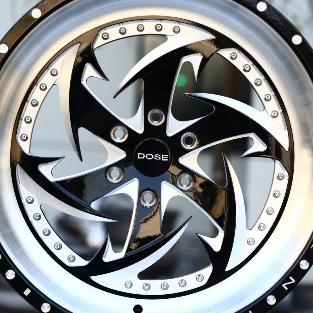 Toyota Tacoma wheels – Gloss Black / Machined Directional 5-Spoke Deep Dish 2-Piece, lip and barrel detail