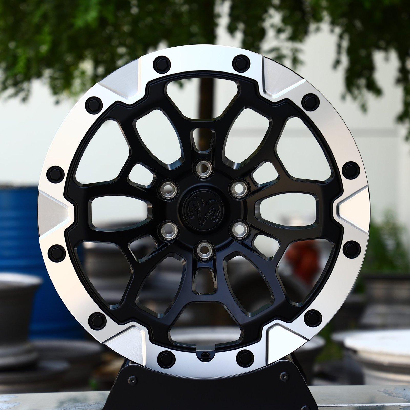 Ram 1500 wheels – Gloss Black Machined Face Exposed Bolt Detail (Ram OEM-Style), front view