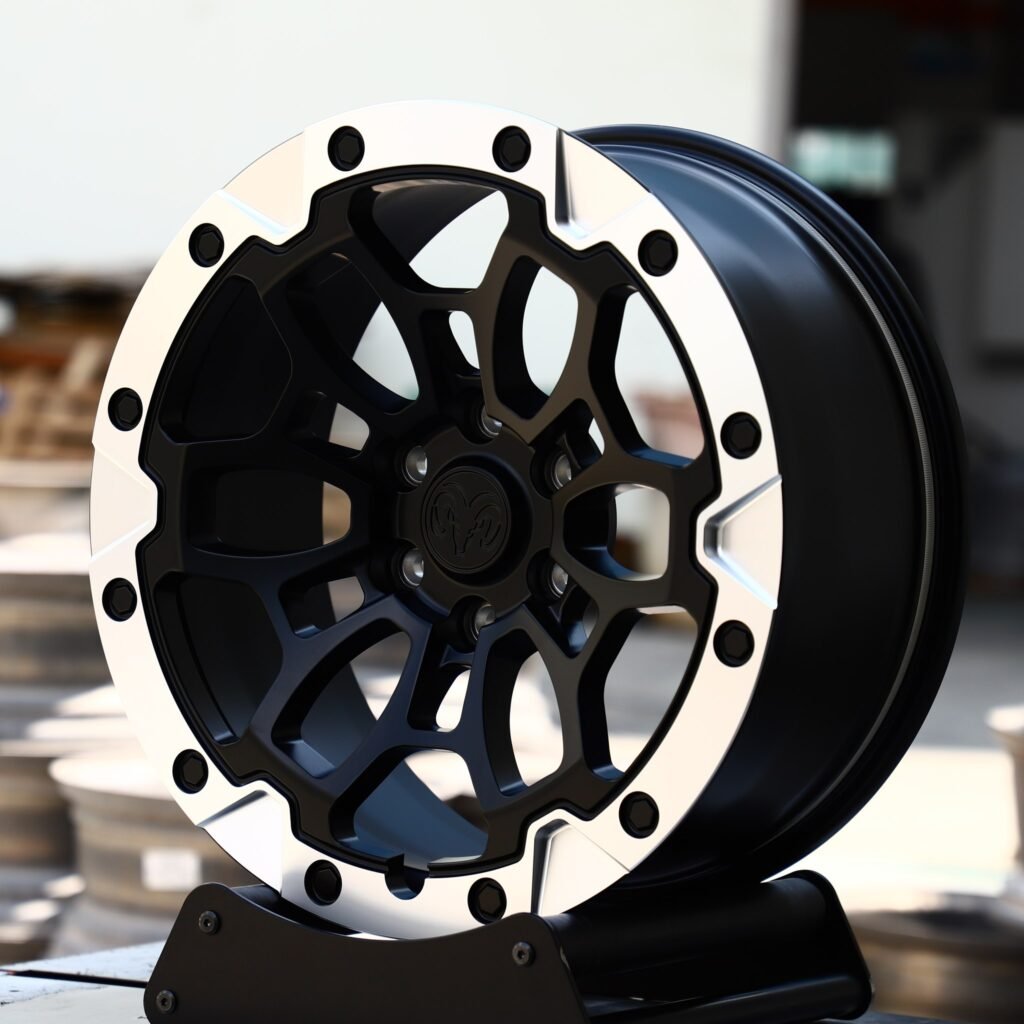 Ram 1500 wheels – Gloss Black Machined Face Exposed Bolt Detail (Ram OEM-Style), angled view
