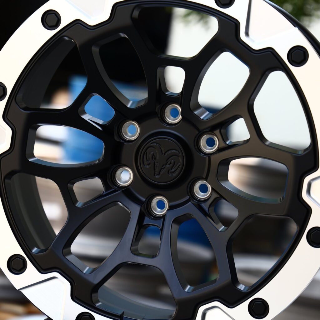 Toyota Tacoma wheels – Gloss Black Machined Face Exposed Bolt Detail (Ram OEM-Style), lip and barrel detail