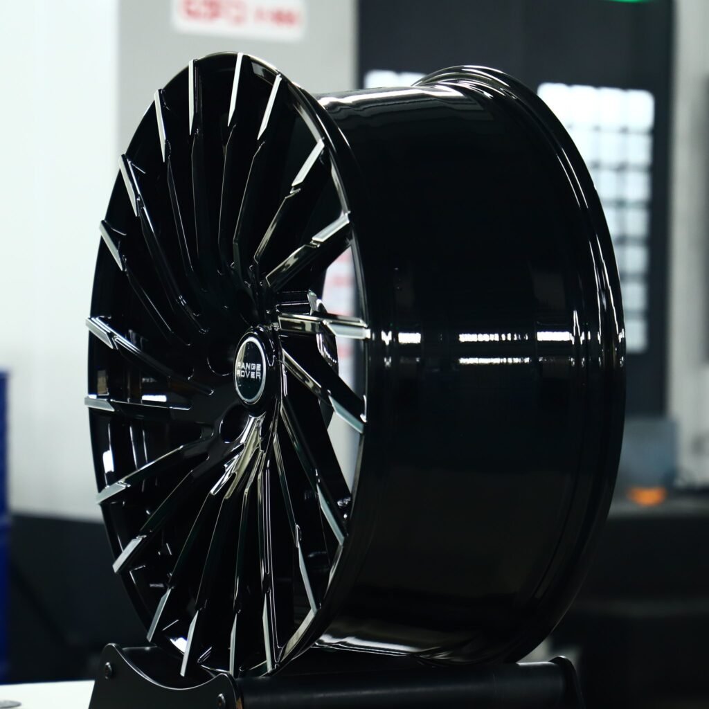 Land Rover Defender wheels – Gloss Black Multi-Spoke Directional Milled Machined Face, angled view