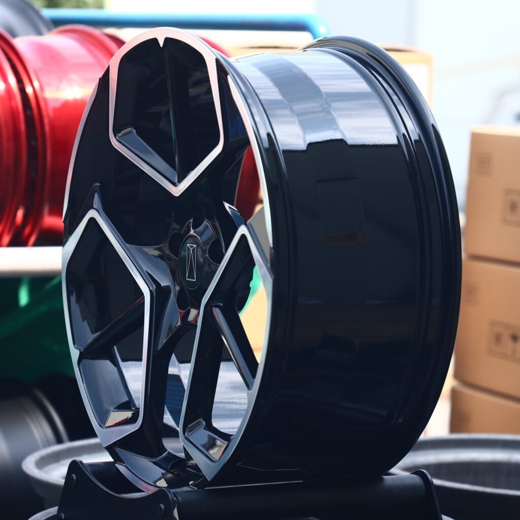 5x108 wheels – Gloss Black Petal Machined Face, side view