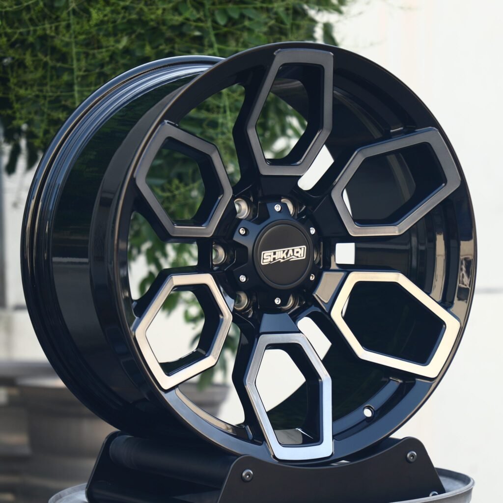 Toyota Tacoma wheels – Gloss Black Petal Machined Face, angled view