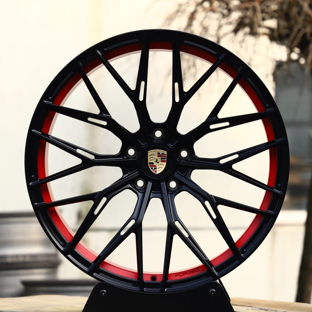 Ferrari 488 wheels – Gloss Black / Red 10 Y-Spoke (HRE P200-Style), front view