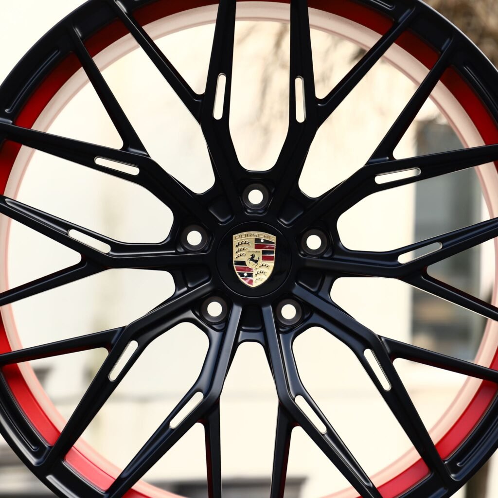 5x114.3 wheels – Gloss Black / Red 10 Y-Spoke (HRE P200-Style), side view