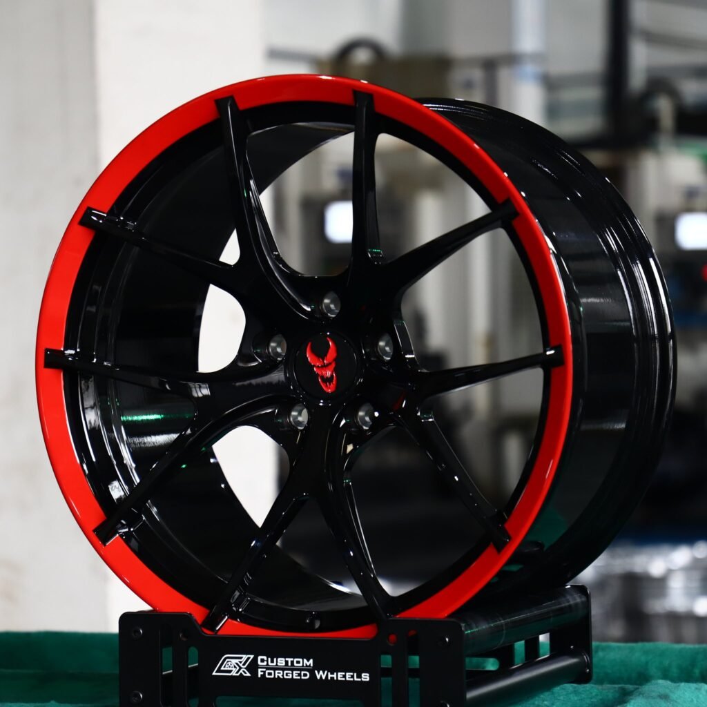 BMW M3 wheels – Gloss Black / Red 5 Y-Spoke Concave, angled view