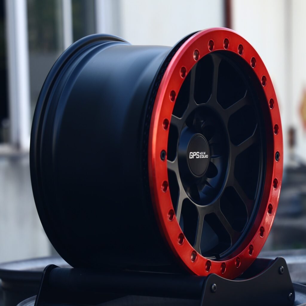 6x139.7 wheels – Gloss Black / Red Custom, side view