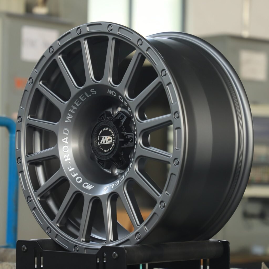 6x139.7 wheels – Gray 16-Spoke Exposed Bolt Detail, side view