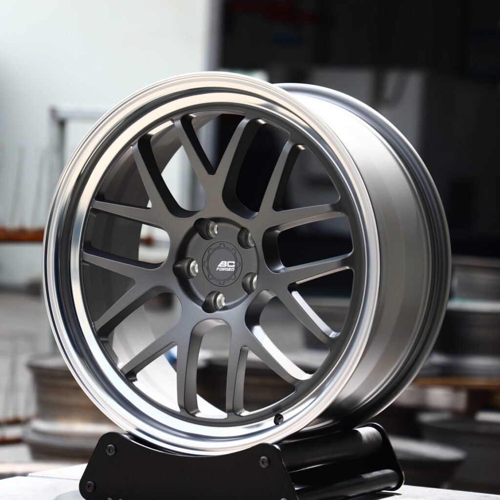 Porsche 911 wheels – Gunmetal / Gray 7 Y-Spoke Deep Lip, angled view