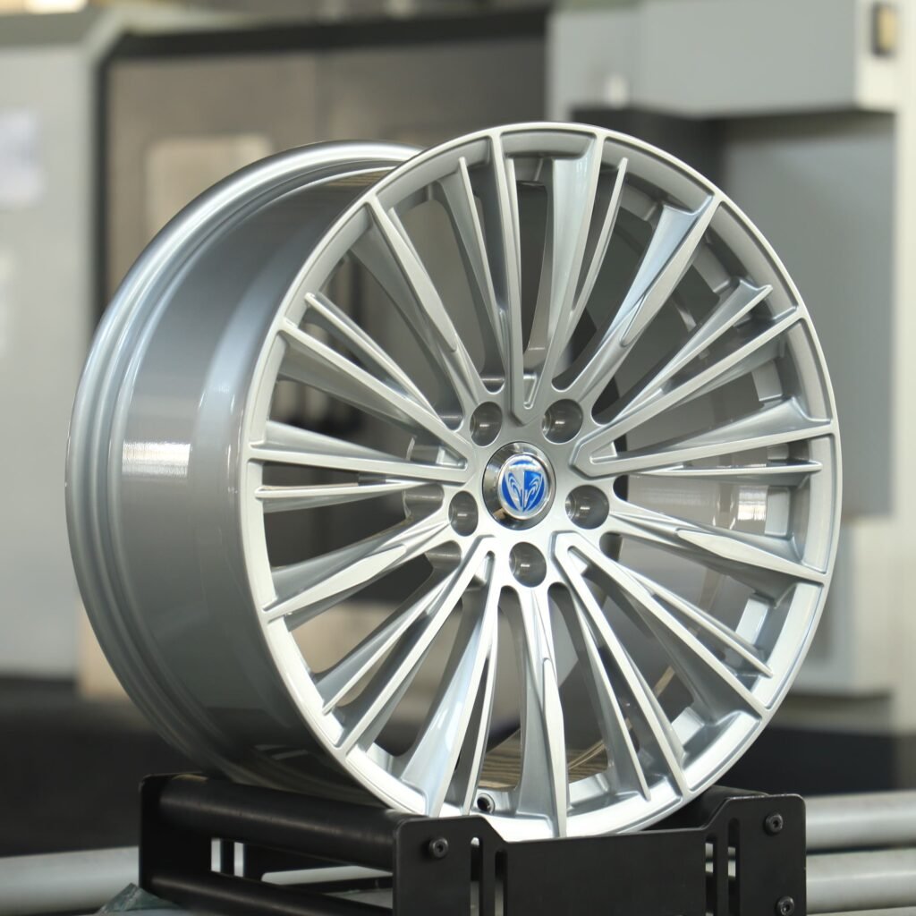 Ram 1500 Black Express wheels – Bright Silver Multi-Spoke (Ram OEM-Style), angled view
