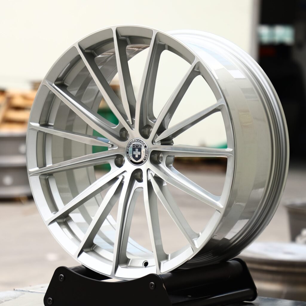 Lamborghini Aventador wheels – Bright Silver / Silver 5 W-Spoke (HRE P101-Style), angled view