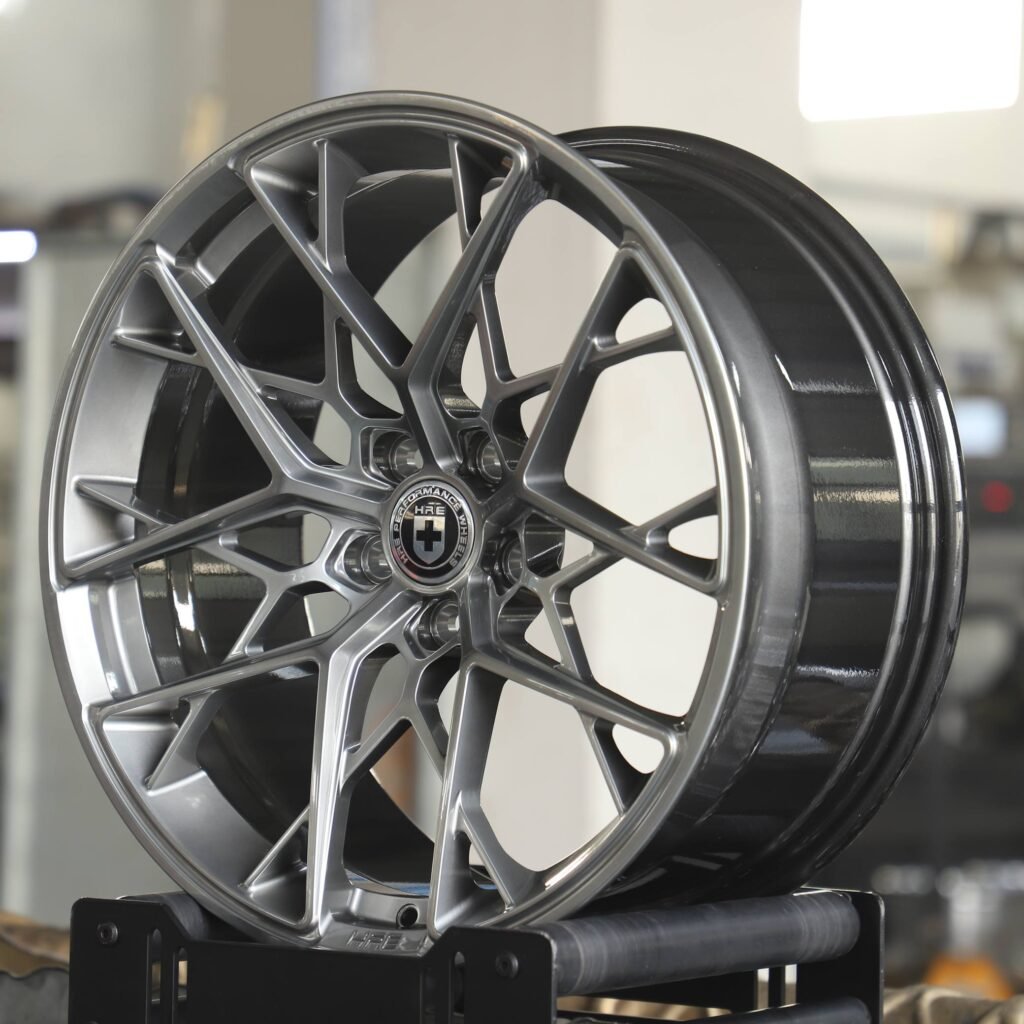 5x112 wheels – Metallic Gray / Black Cross-Spoke (HRE FF10-Style), side view