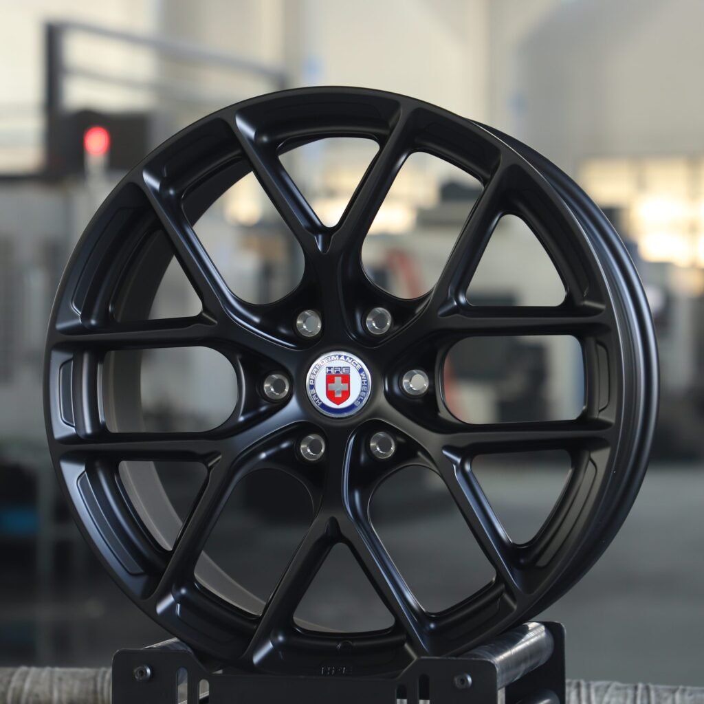 Audi R8 wheels – Gloss Black 6 Y-Spoke (HRE P200-Style), angled view