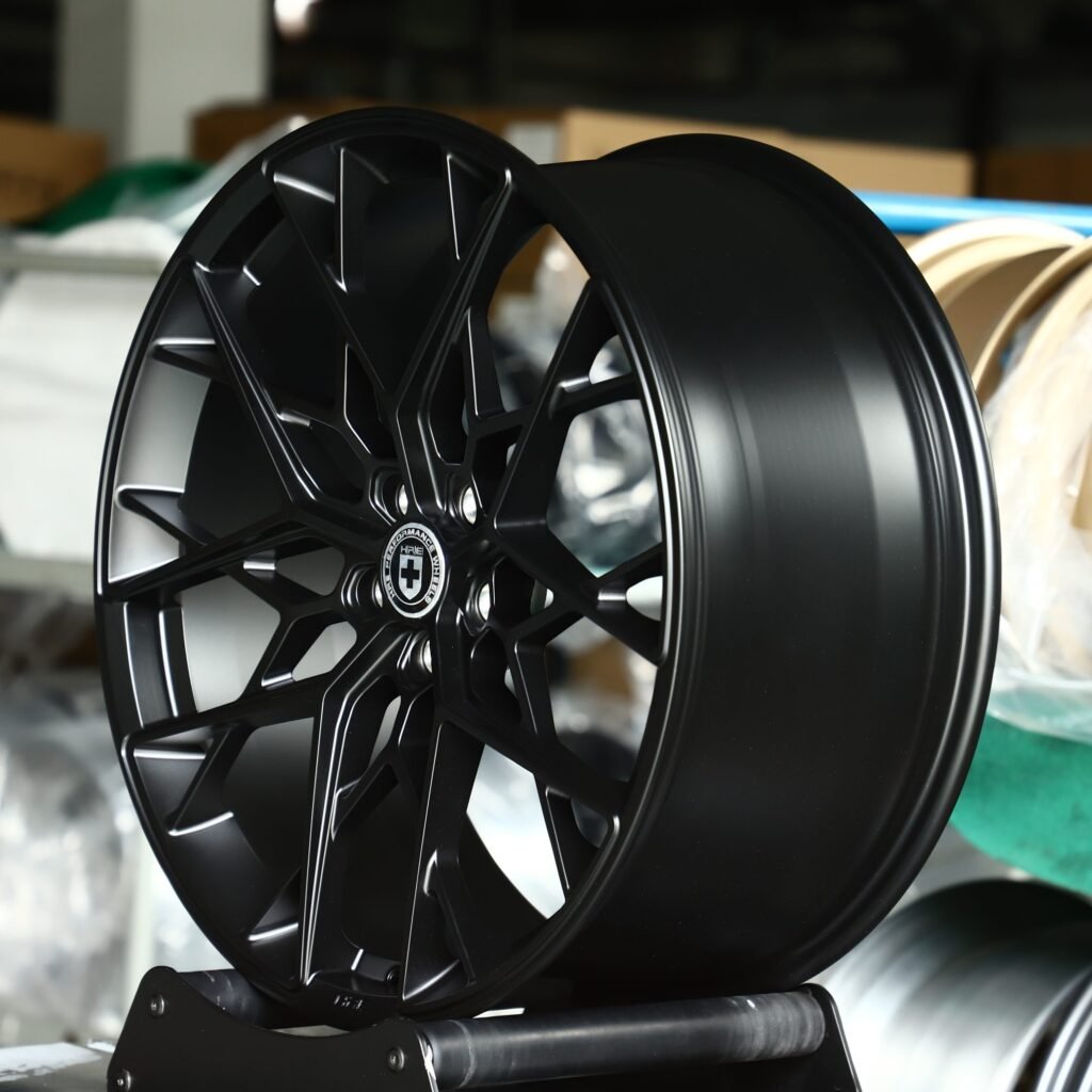 5x114.3 wheels – Gloss Black Cross-Spoke (HRE P200-Style), side view