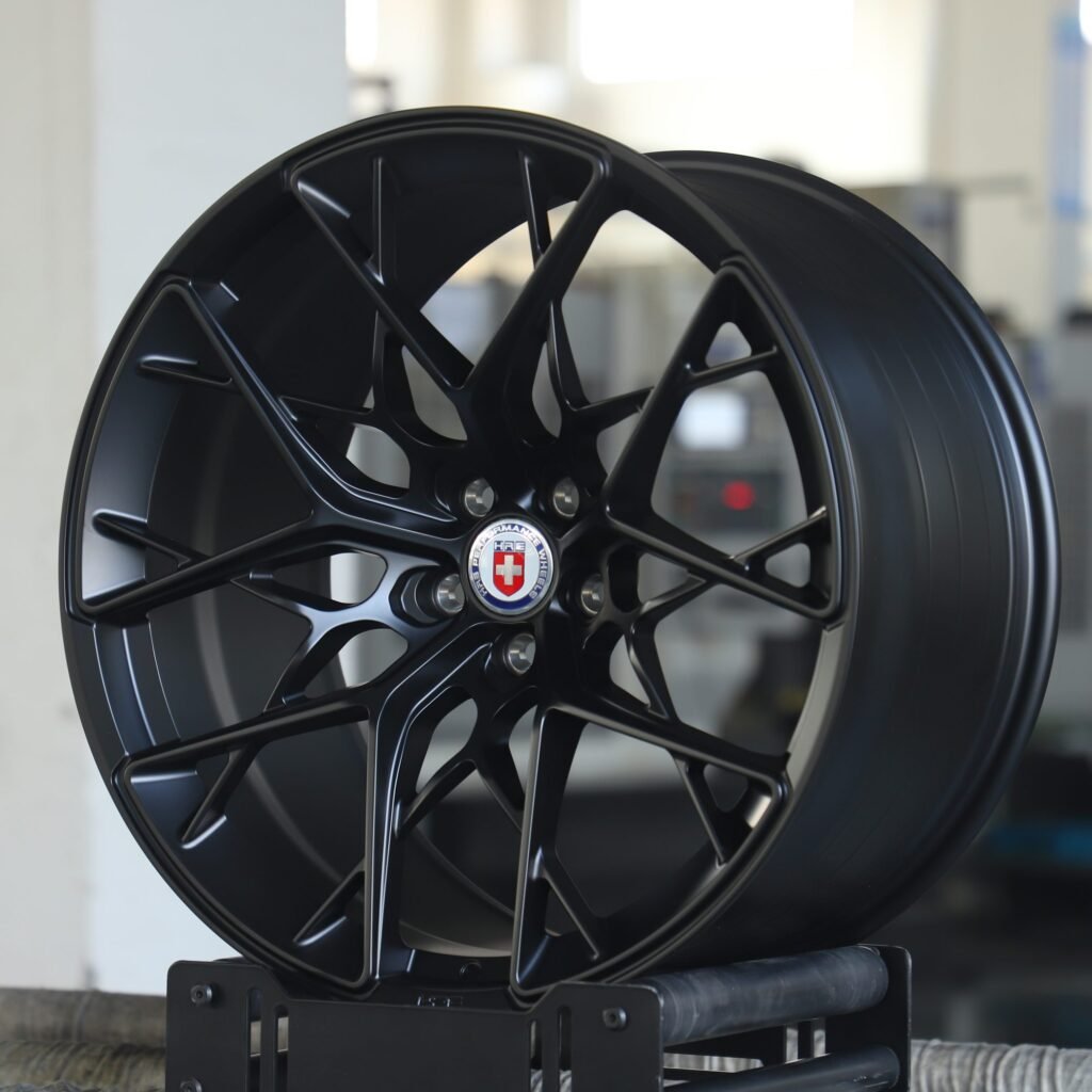 5x114.3 wheels – Gloss Black Cross-Spoke (HRE P200-Style), side view