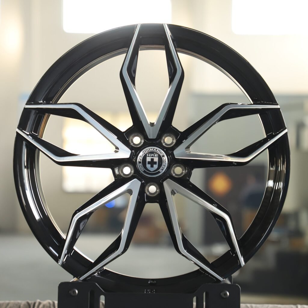 Ferrari 488 wheels – Gloss Black Petal-Spoke Machined Face (HRE P201-Style), front view