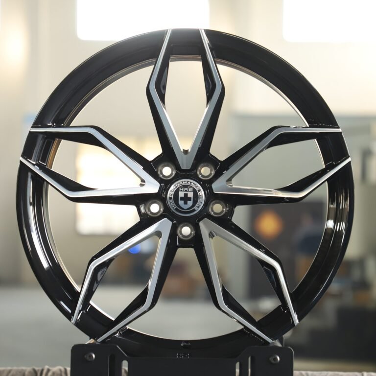 Ferrari 488 wheels – Gloss Black Petal-Spoke Machined Face (HRE P201-Style), front view